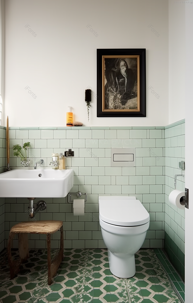 卫生间和浴缸在浴室与绿色和白色图案的地砖,高清,摄影图,摄影图片,图片大全,摄影图免费下载